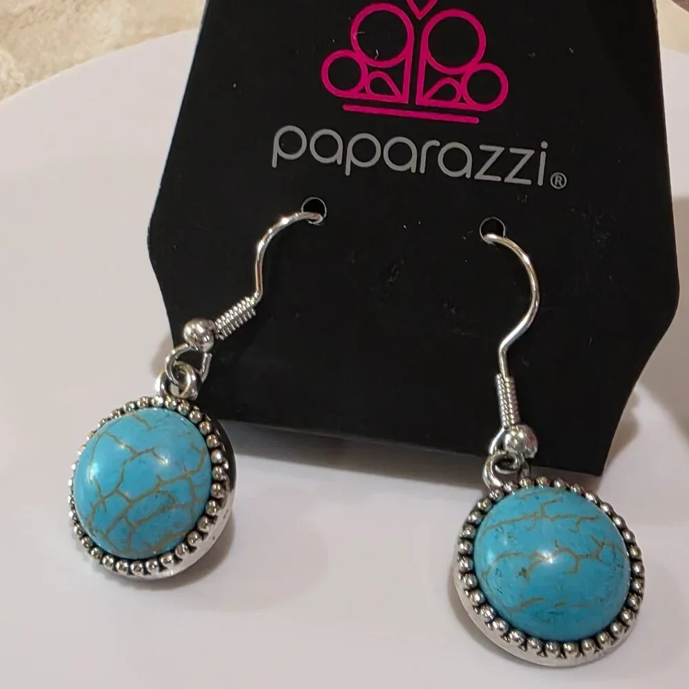 NOC Paparazzi Blue Marbled Round SW Style Silver Dangle Pierced Earrings NOS